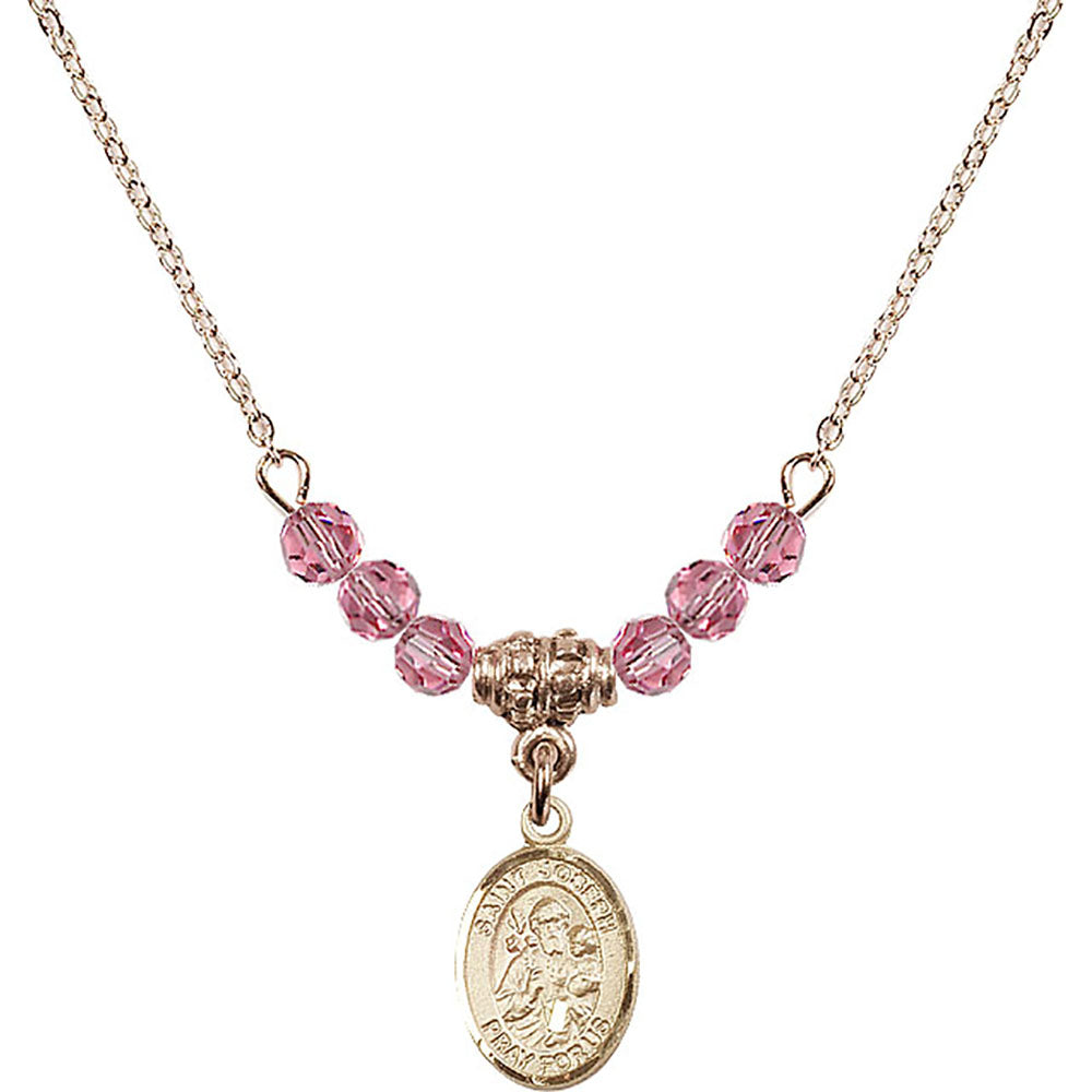 14kt Gold Filled Saint Joseph Birthstone Necklace with Rose Beads - 9058