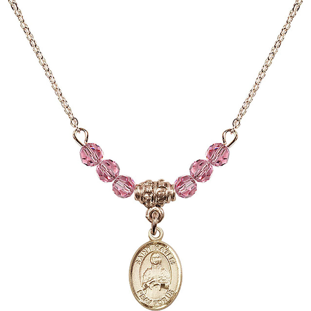 14kt Gold Filled Saint Kateri Tekakwitha Birthstone Necklace with Rose Beads - 9061