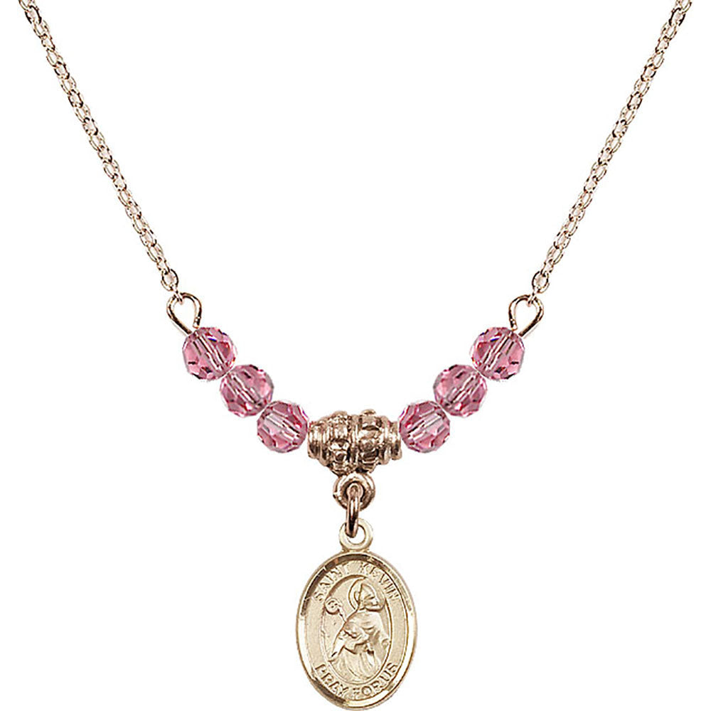 14kt Gold Filled Saint Kevin Birthstone Necklace with Rose Beads - 9062