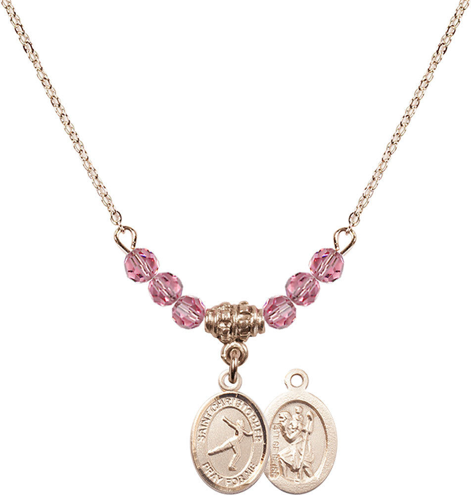 14kt Gold Filled Saint Christopher/Figure Skating Birthstone Necklace with Rose Beads - 9139