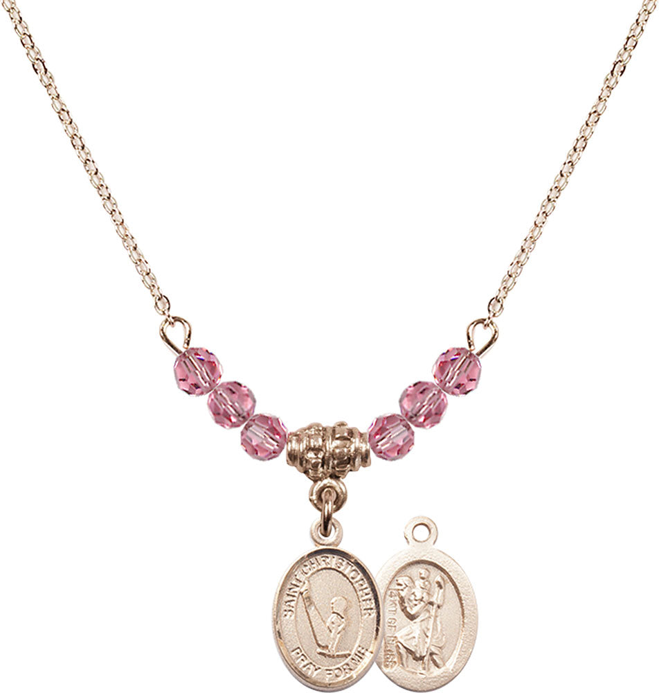 14kt Gold Filled Saint Christopher/Gymnastics Birthstone Necklace with Rose Beads - 9142