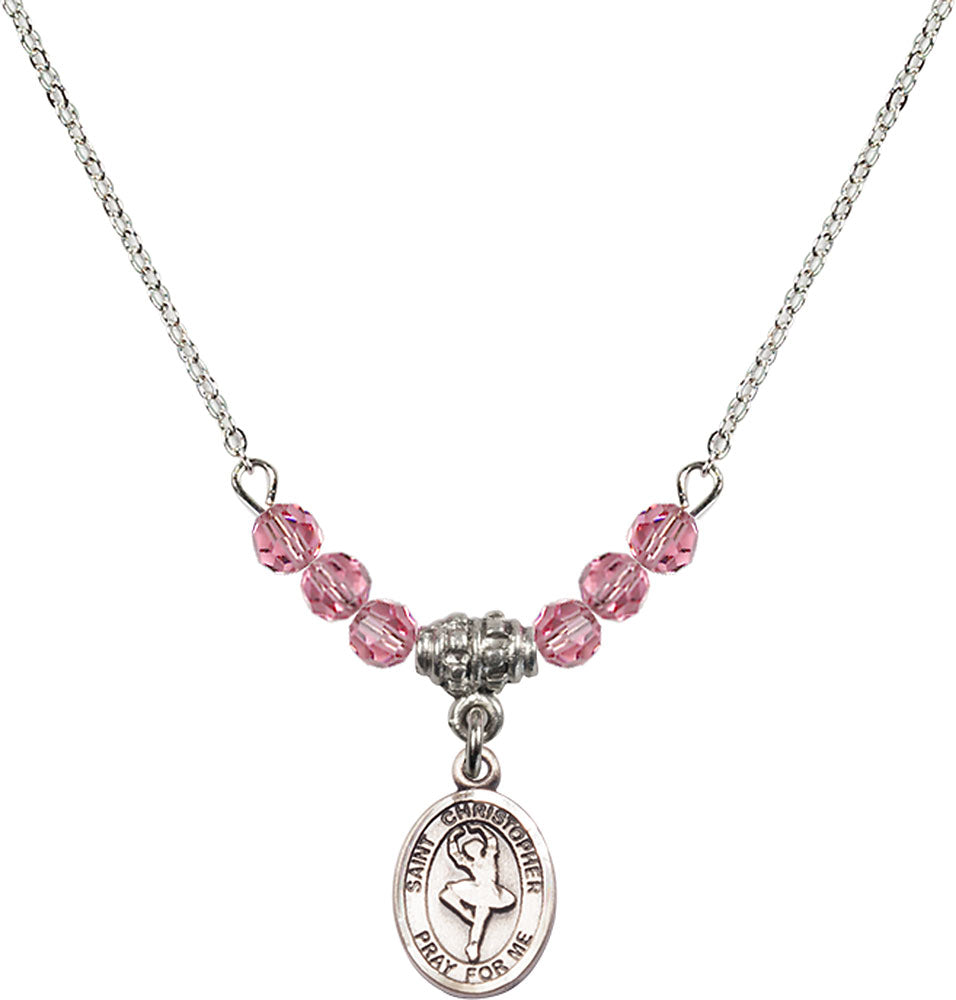 Sterling Silver Saint Christopher/Dance Birthstone Necklace with Rose Beads - 9143