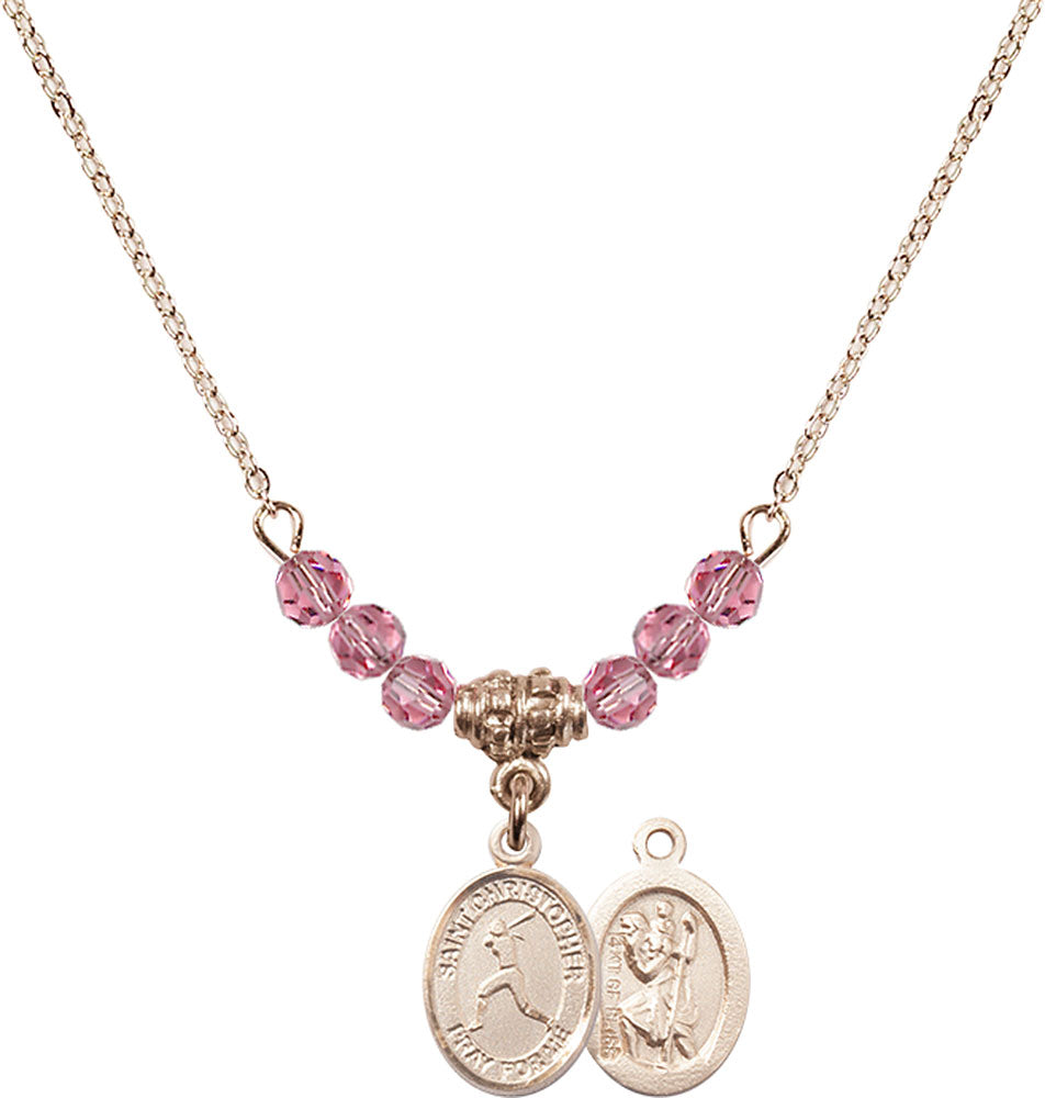14kt Gold Filled Saint Christopher/Softball Birthstone Necklace with Rose Beads - 9145