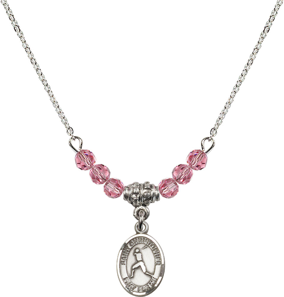 Sterling Silver Saint Christopher/Baseball Birthstone Necklace with Rose Beads - 9150