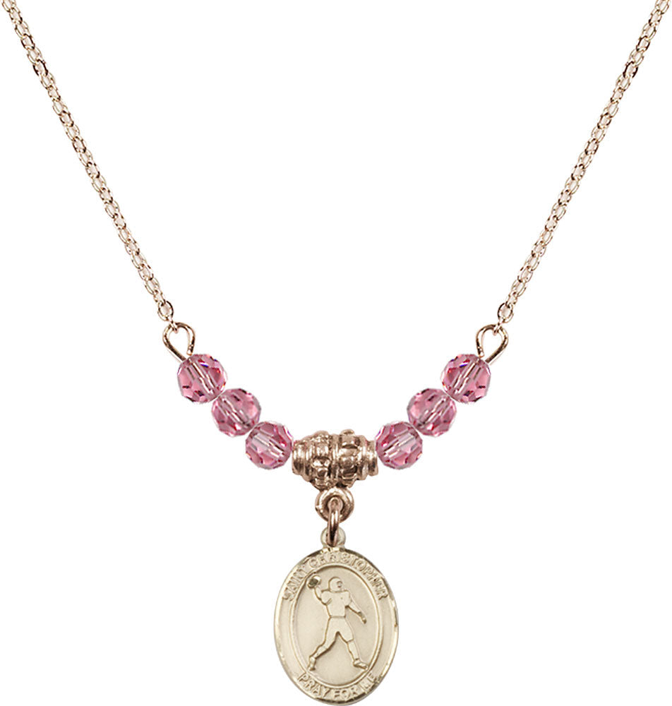 14kt Gold Filled Saint Christopher/Football Birthstone Necklace with Rose Beads - 9151
