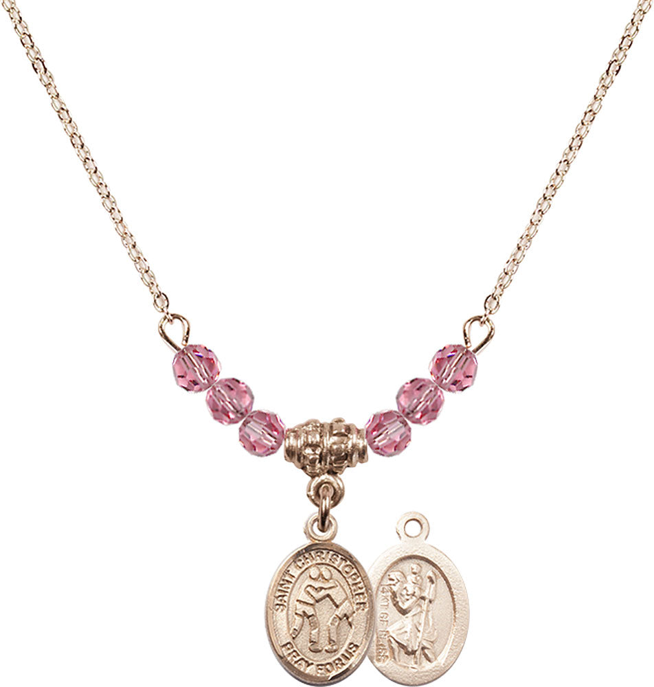 14kt Gold Filled Saint Christopher/Wrestling Birthstone Necklace with Rose Beads - 9159
