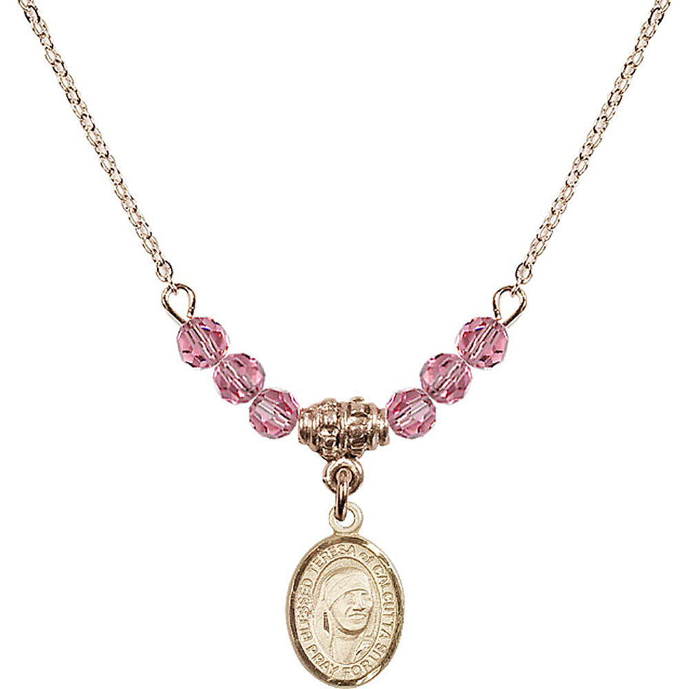 14kt Gold Filled Saint Teresa of Calcutta Birthstone Necklace with Rose Beads - 9295