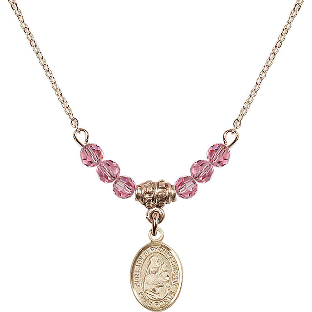 14kt Gold Filled Our Lady of Prompt Succor Birthstone Necklace with Rose Beads - 9299