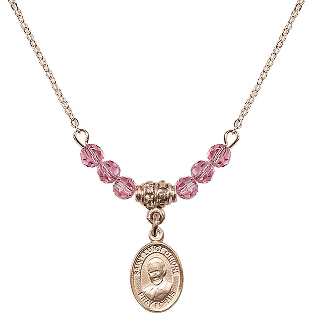14kt Gold Filled Saint Luigi Orione Birthstone Necklace with Rose Beads - 9326