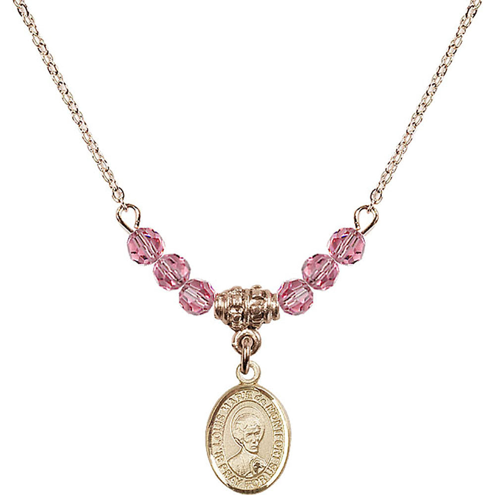 14kt Gold Filled Saint Louis Marie de Montfort Birthstone Necklace with Rose Beads - 9330