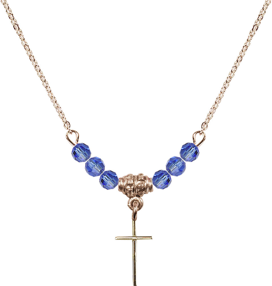 14kt Gold Filled Cross Birthstone Necklace with Sapphire Beads - 0014