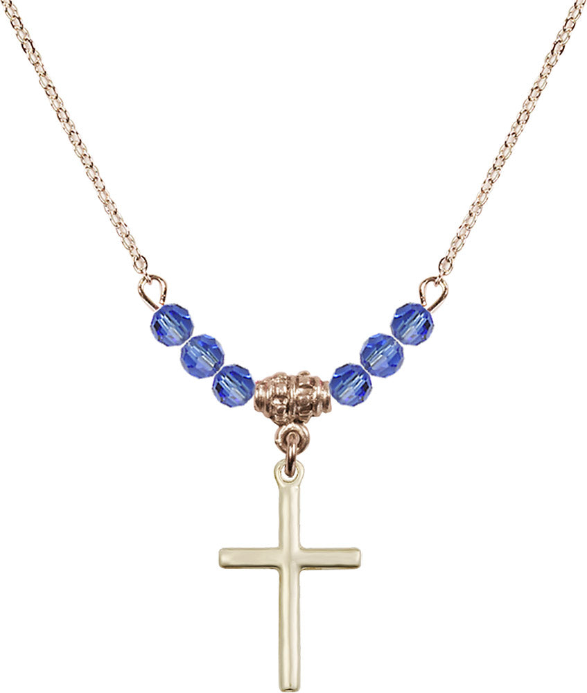 14kt Gold Filled Cross Birthstone Necklace with Sapphire Beads - 0017