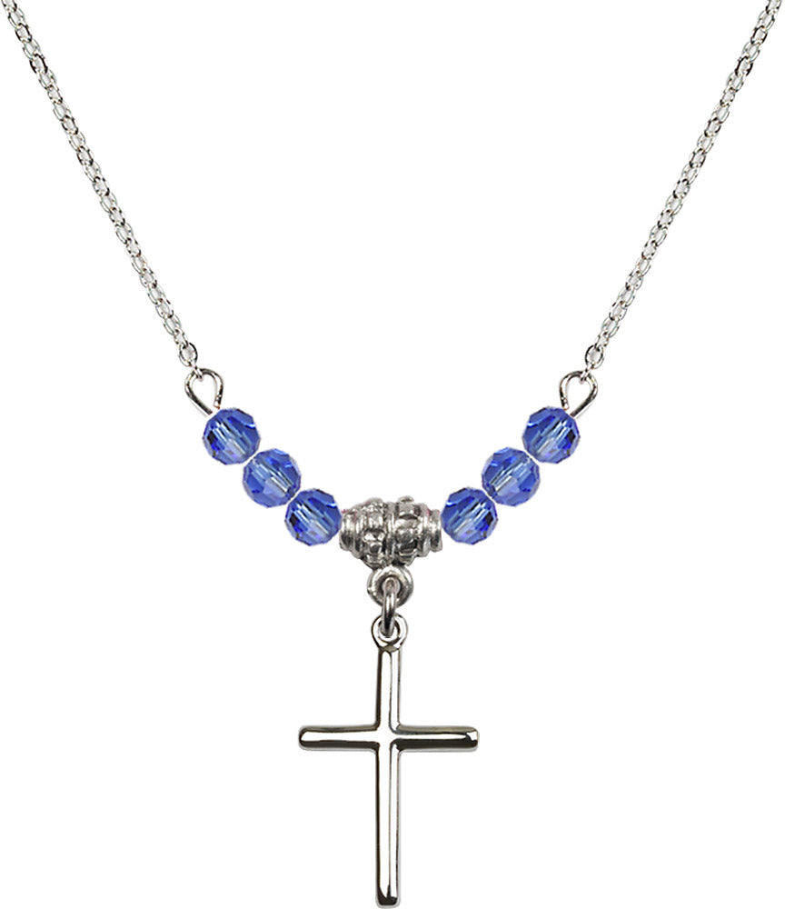 Sterling Silver Cross Birthstone Necklace with Sapphire Beads - 0017