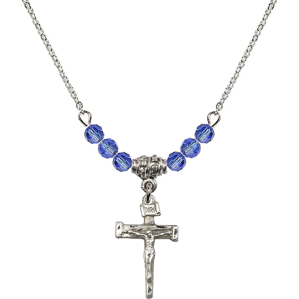 Sterling Silver Nail Crucifix Birthstone Necklace with Sapphire Beads - 0072