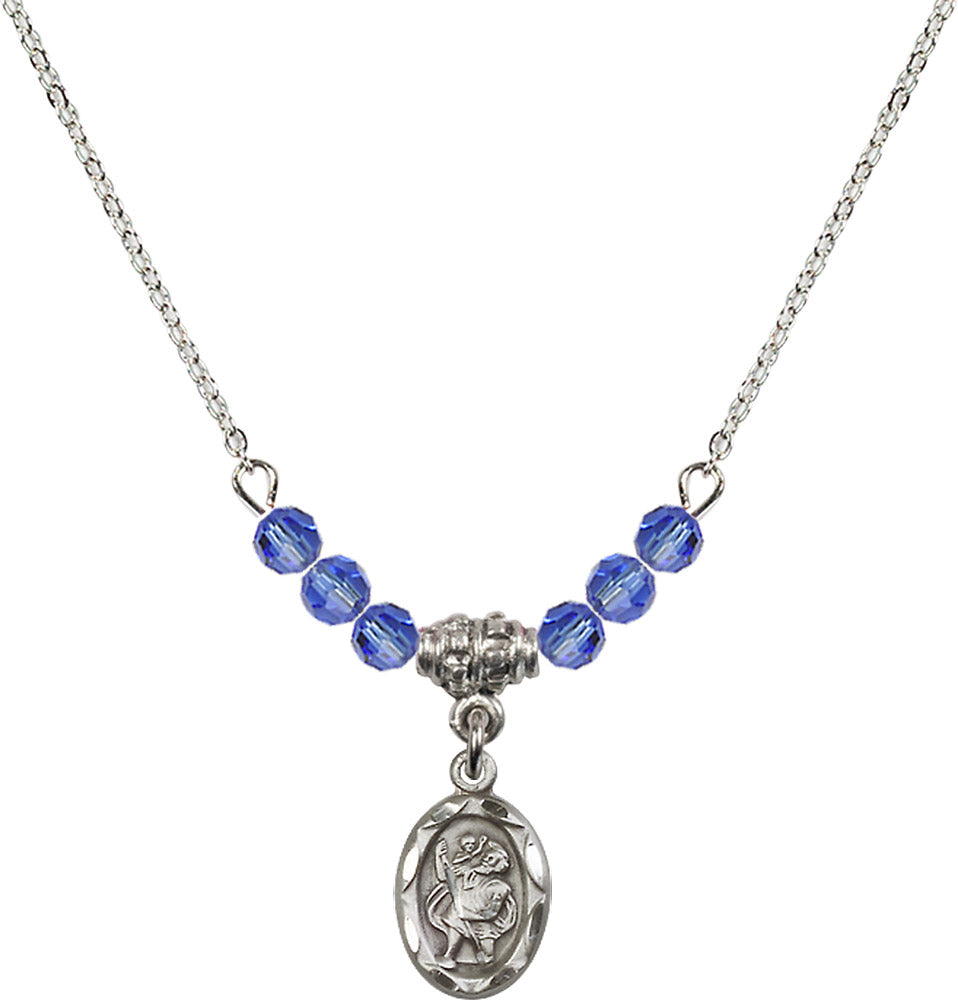Sterling Silver Saint Christopher Birthstone Necklace with Sapphire Beads - 0301