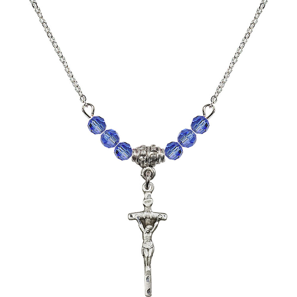 Sterling Silver Papal Crucifix Birthstone Necklace with Sapphire Beads - 0563