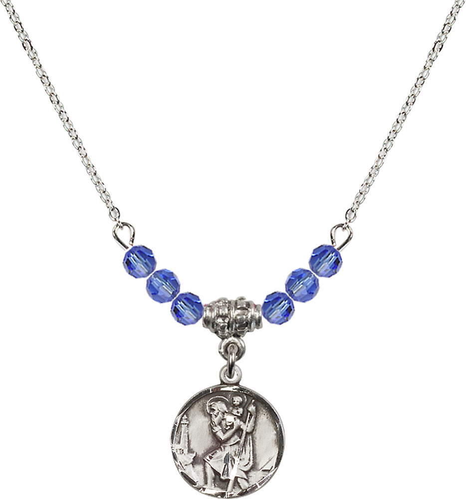 Sterling Silver Saint Christopher Birthstone Necklace with Sapphire Beads - 0601