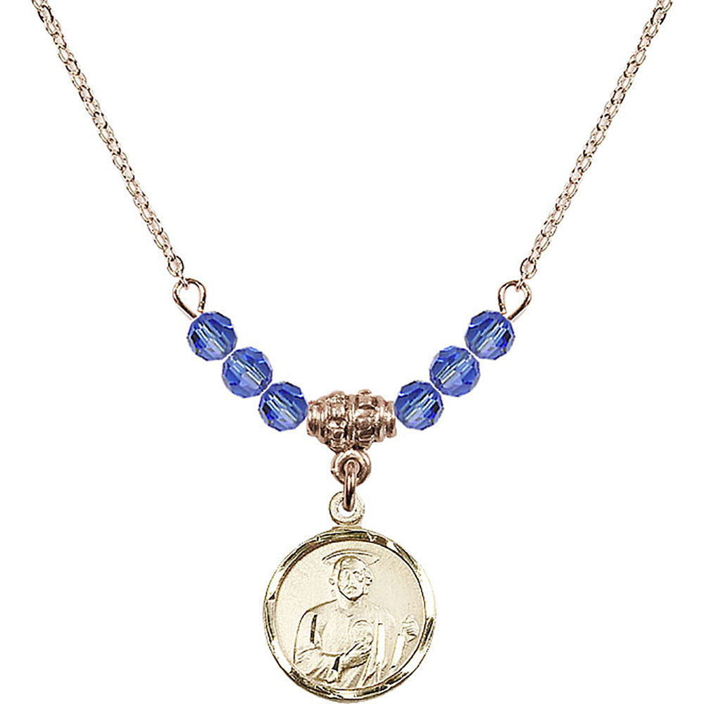 14kt Gold Filled Saint Jude Birthstone Necklace with Sapphire Beads - 0601