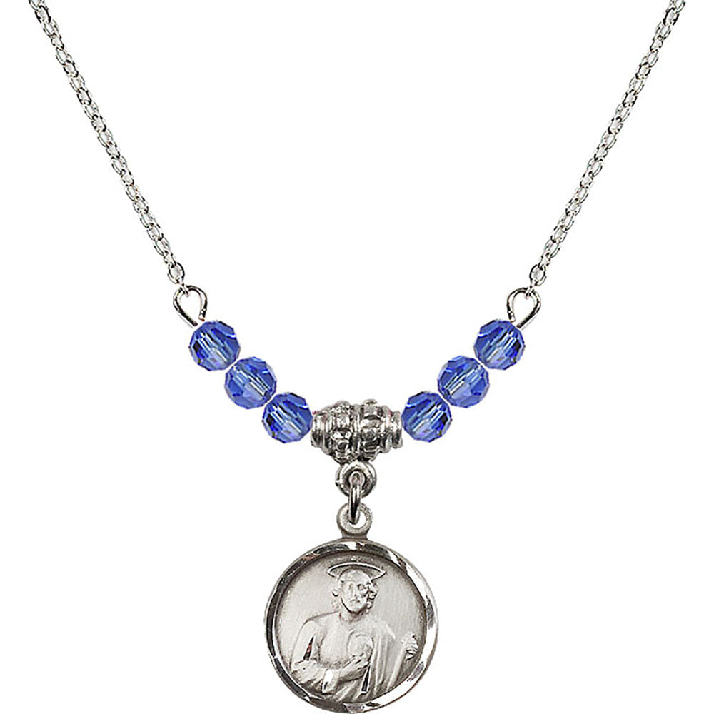 Sterling Silver Saint Jude Birthstone Necklace with Sapphire Beads - 0601