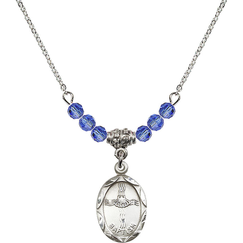 Sterling Silver Baptism Birthstone Necklace with Sapphire Beads - 0612