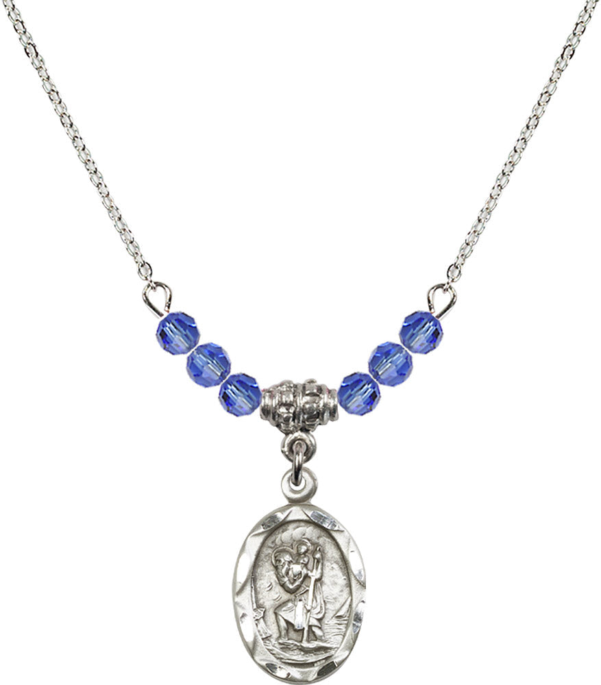 Sterling Silver Saint Christopher Birthstone Necklace with Sapphire Beads - 0612