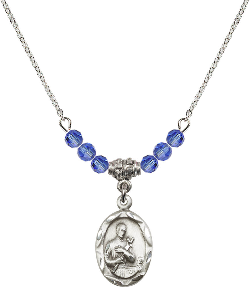 Sterling Silver Saint Gerard Birthstone Necklace with Sapphire Beads - 0612