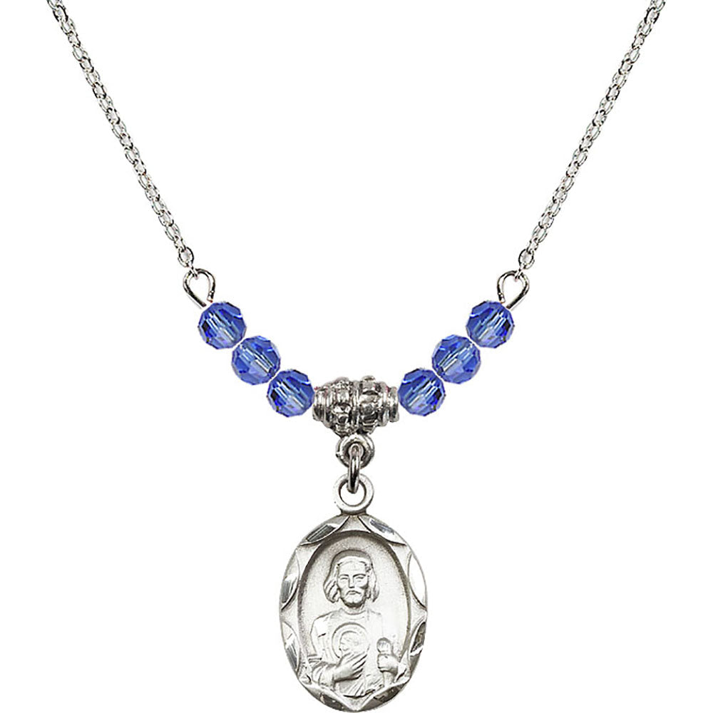 Sterling Silver Saint Jude Birthstone Necklace with Sapphire Beads - 0612