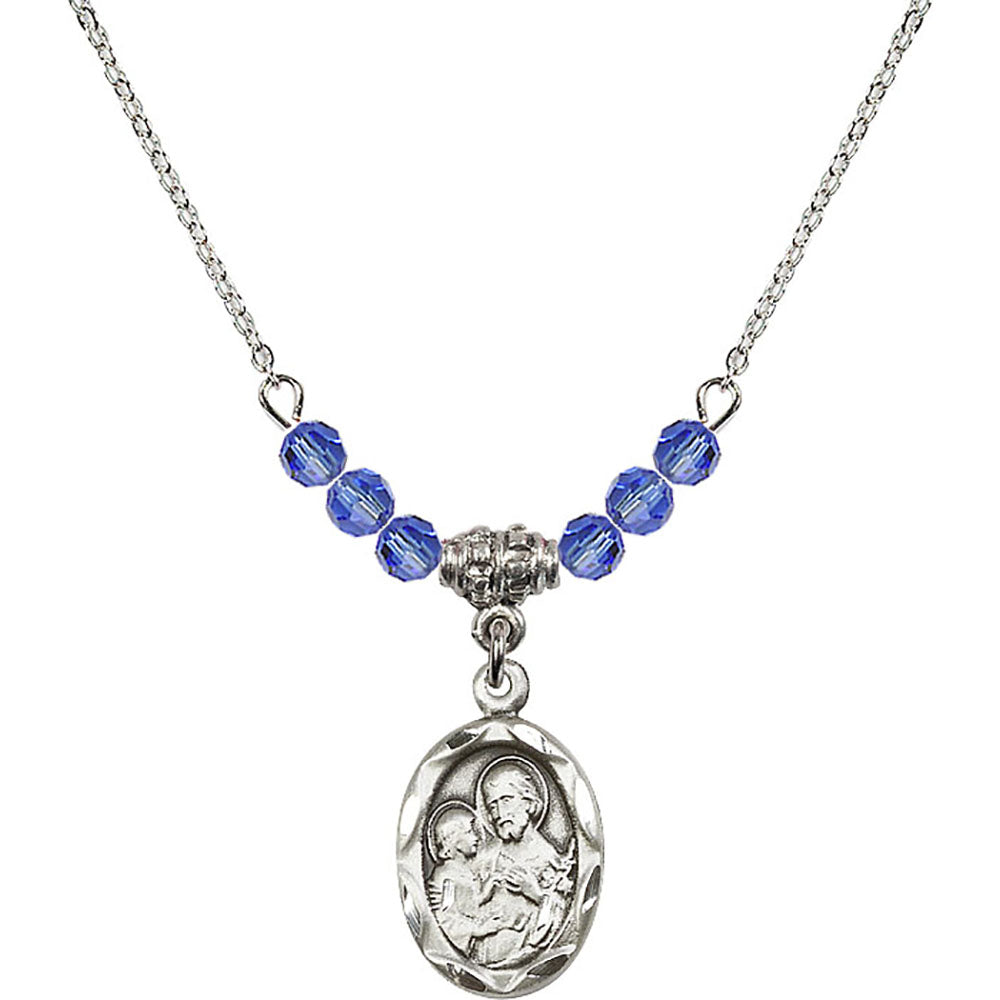 Sterling Silver Saint Joseph Birthstone Necklace with Sapphire Beads - 0612