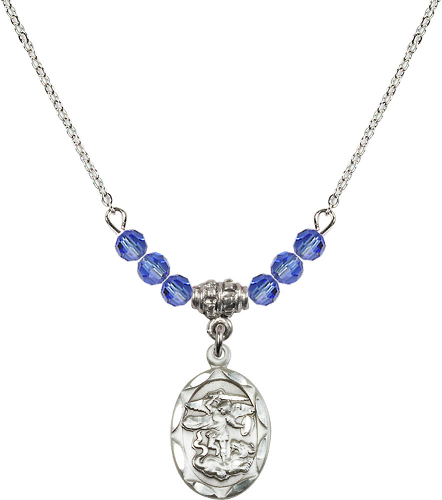 Sterling Silver Saint Michael the Archangel Birthstone Necklace with Sapphire Beads - 0612