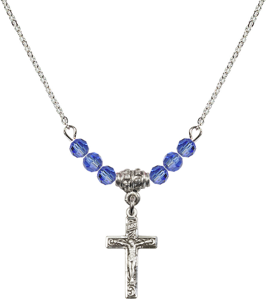 Sterling Silver Crucifix Birthstone Necklace with Sapphire Beads - 0672