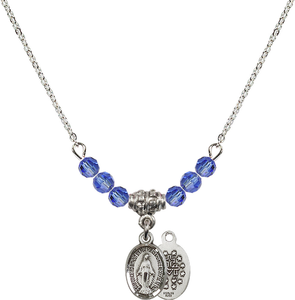 Sterling Silver Miraculous Birthstone Necklace with Sapphire Beads - 0702