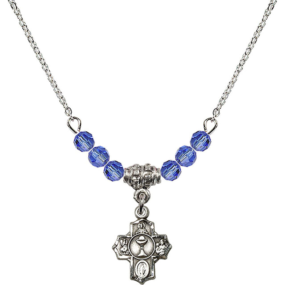 Sterling Silver Communion 5-Way Birthstone Necklace with Sapphire Beads - 0890