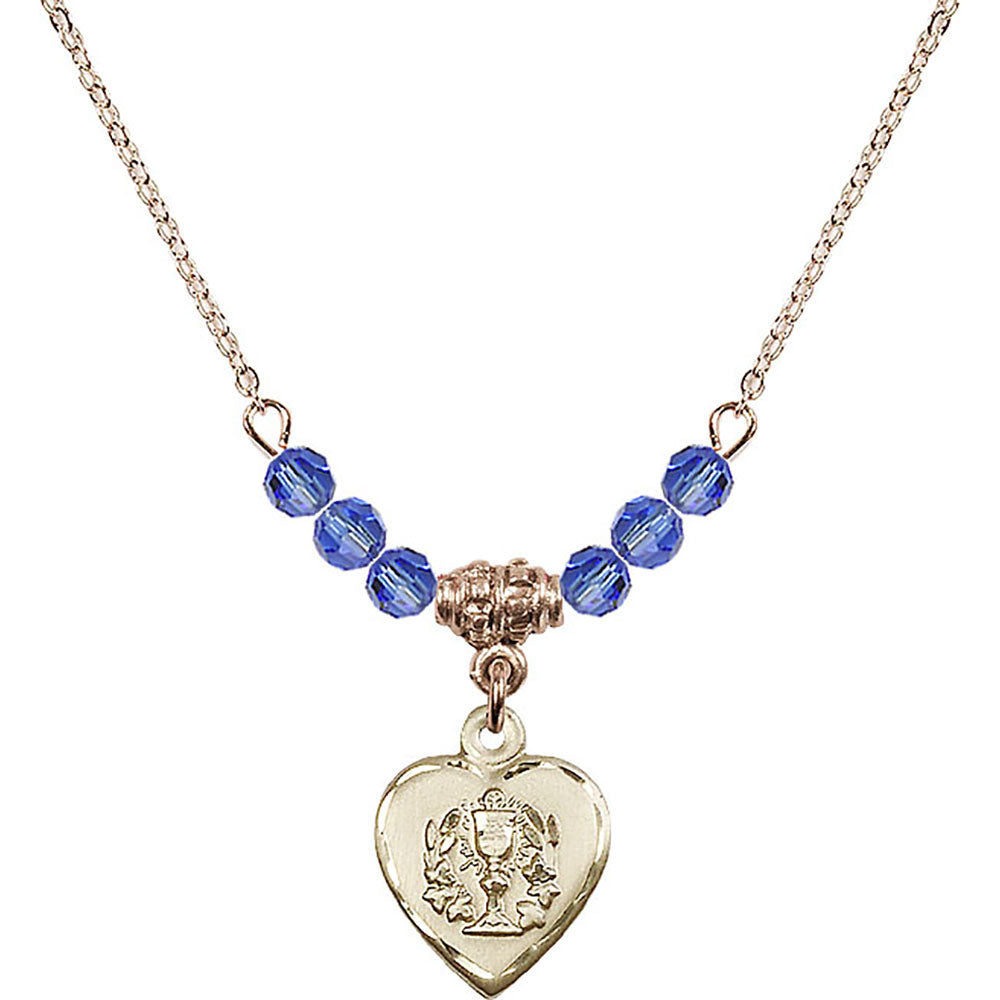 14kt Gold Filled Heart / Communion Birthstone Necklace with Sapphire Beads - 0892