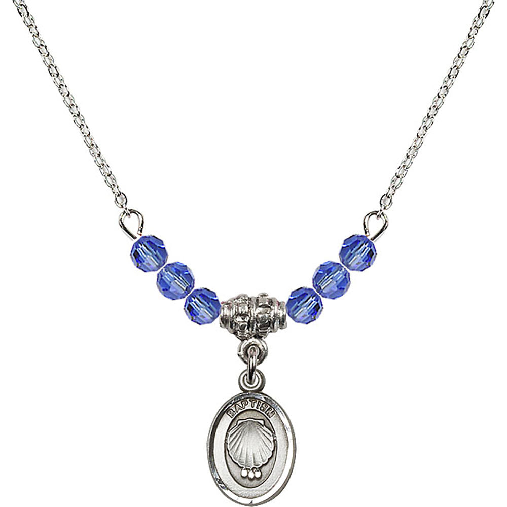 Sterling Silver Baptism Birthstone Necklace with Sapphire Beads - 0974
