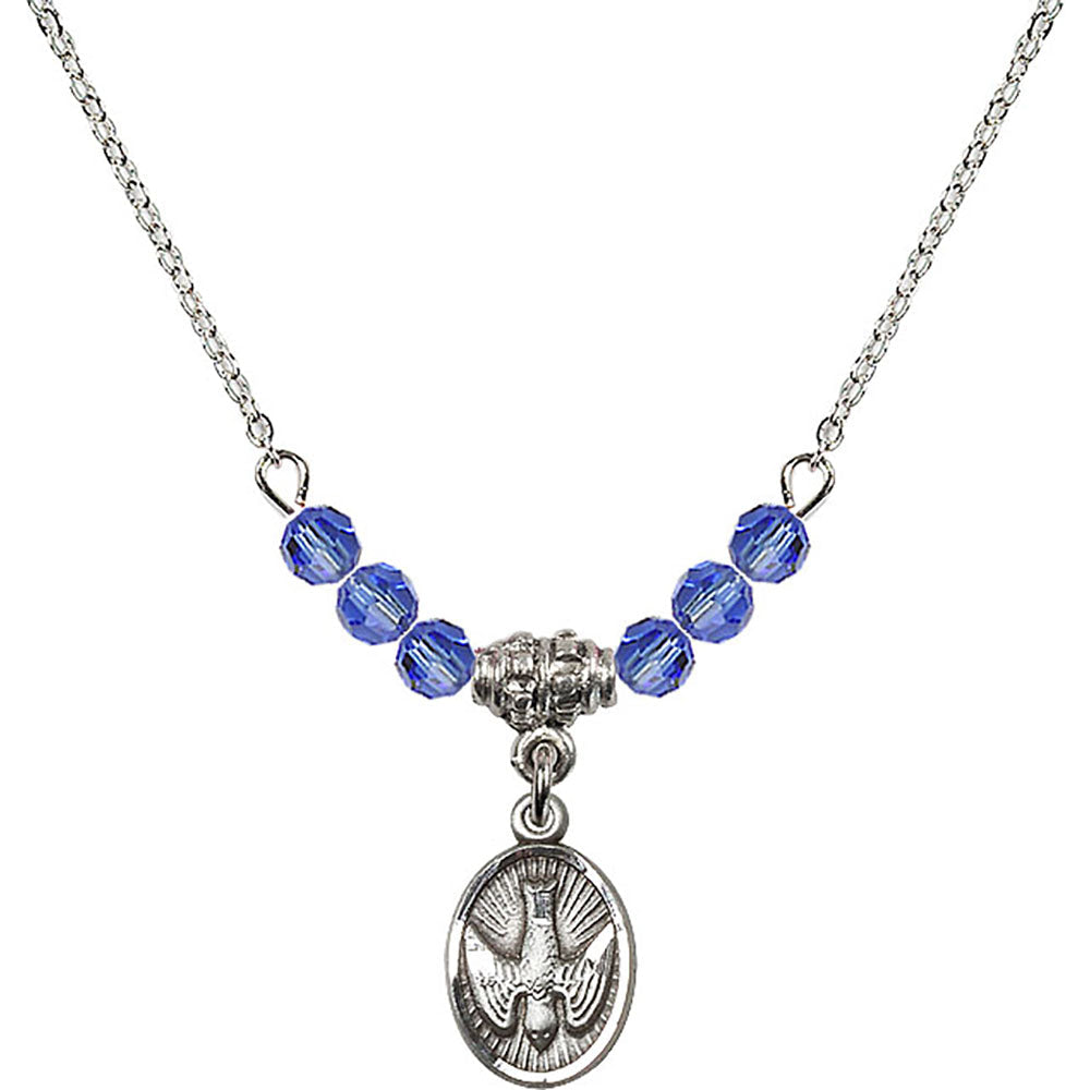 Sterling Silver Holy Spirit Birthstone Necklace with Sapphire Beads - 0982