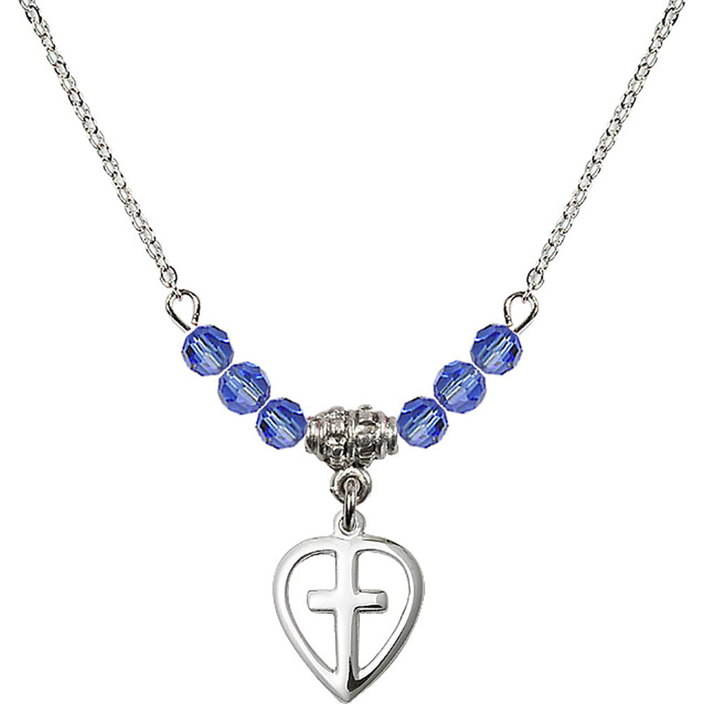 Sterling Silver Heart / Cross Birthstone Necklace with Sapphire Beads - 1709