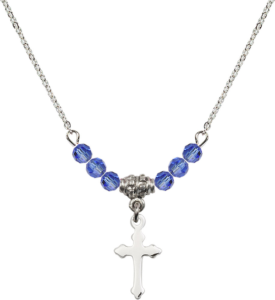 Sterling Silver Cross Birthstone Necklace with Sapphire Beads - 2528