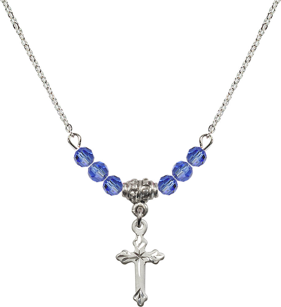 Sterling Silver Cross Birthstone Necklace with Sapphire Beads - 2531