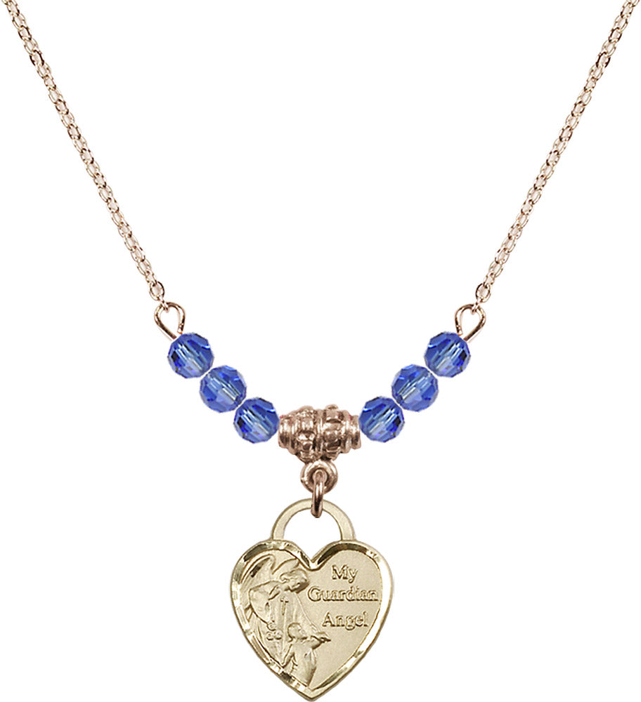 14kt Gold Filled Guardian Angel Heart Birthstone Necklace with Sapphire Beads - 3402
