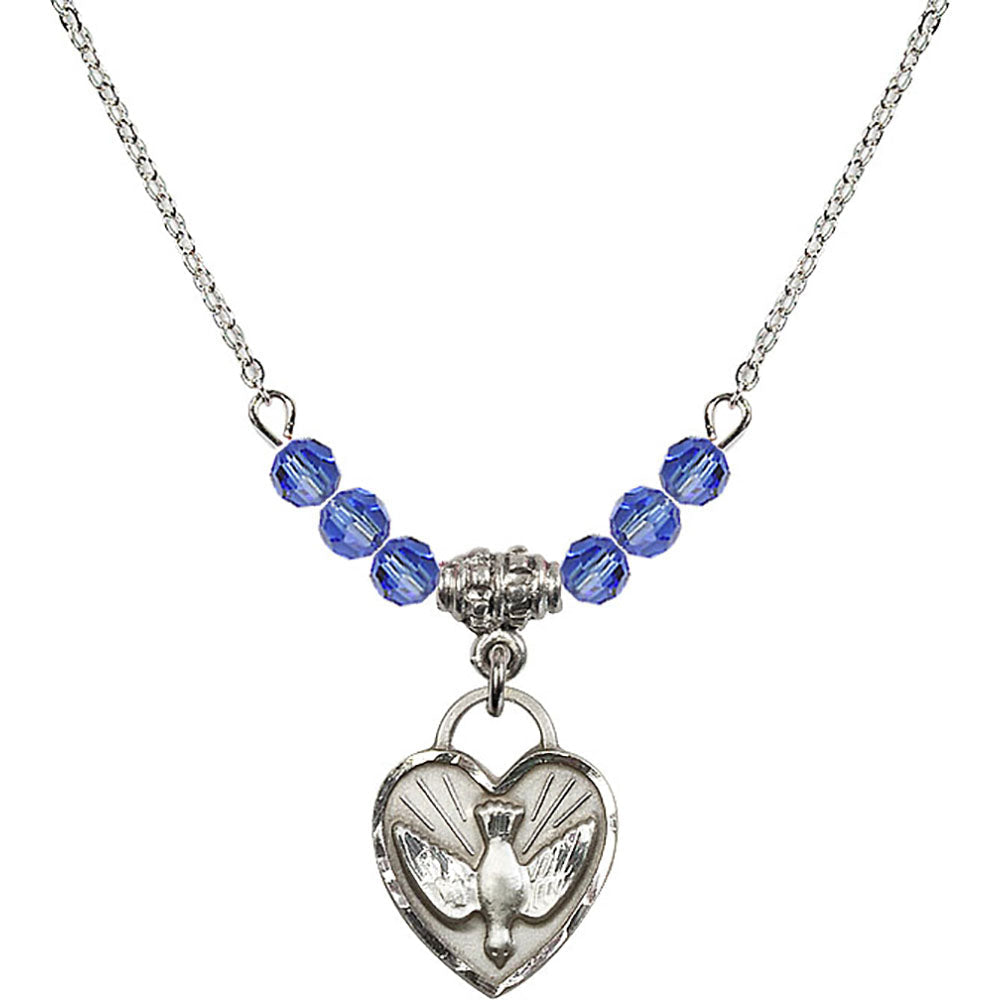 Sterling Silver Confirmation Heart Birthstone Necklace with Sapphire Beads - 3405