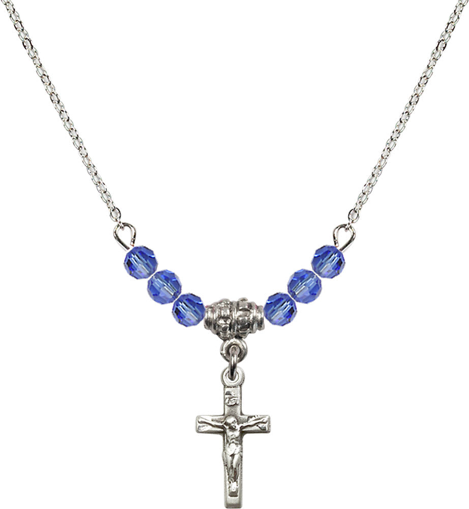 Sterling Silver Crucifix Birthstone Necklace with Sapphire Beads - 5417