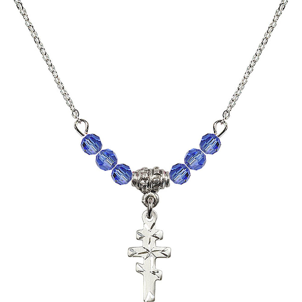 Sterling Silver Greek Orthadox Cross Birthstone Necklace with Sapphire Beads - 5654