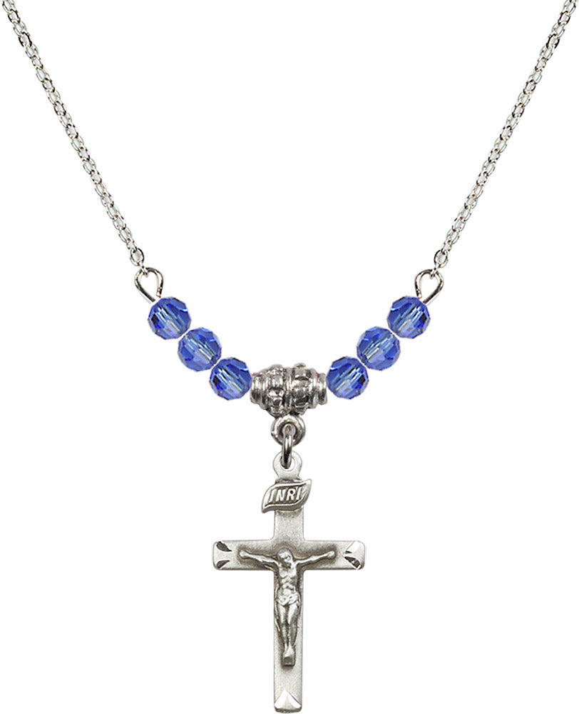 Sterling Silver Crucifix Birthstone Necklace with Sapphire Beads - 5668