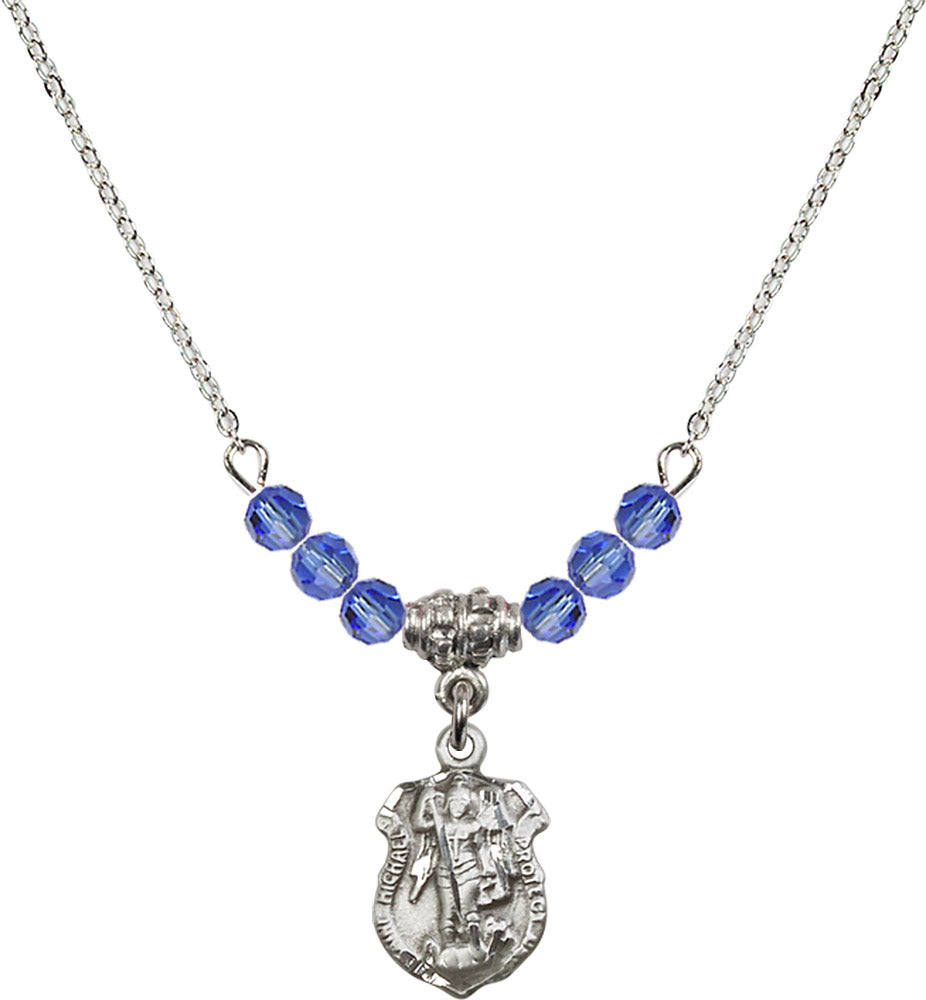 Sterling Silver Saint Michael the Archangel Birthstone Necklace with Sapphire Beads - 5699