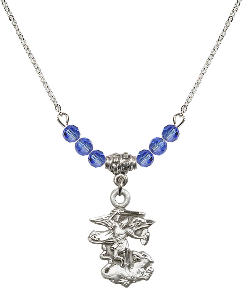 Sterling Silver Saint Michael the Archangel Birthstone Necklace with Sapphire Beads - 5940