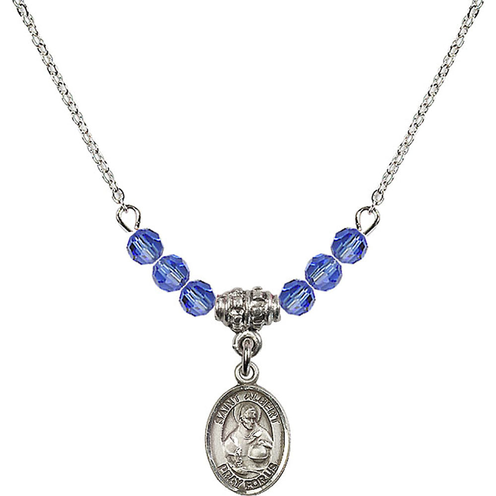 Sterling Silver Saint Albert the Great Birthstone Necklace with Sapphire Beads - 9001