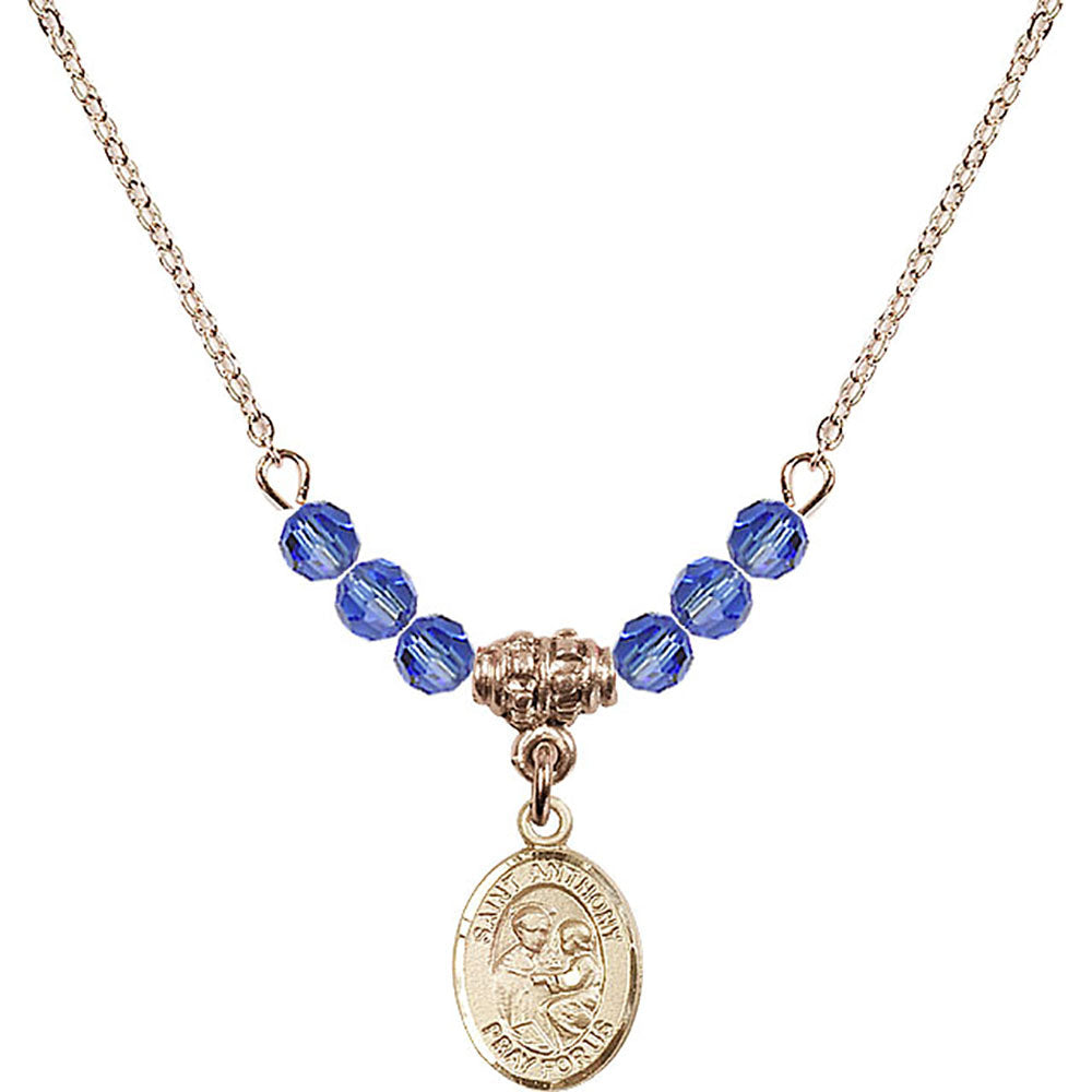 14kt Gold Filled Saint Anthony of Padua Birthstone Necklace with Sapphire Beads - 9004
