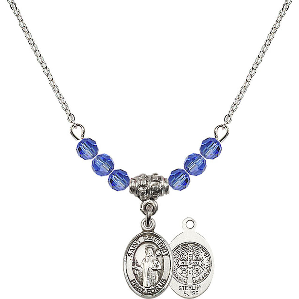 Sterling Silver Saint Benedict Birthstone Necklace with Sapphire Beads - 9008