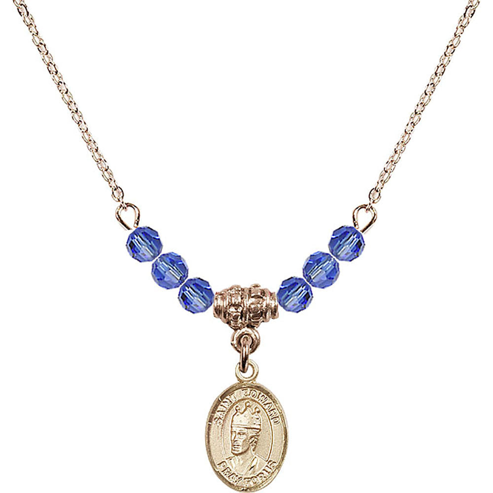 14kt Gold Filled Saint Edward the Confessor Birthstone Necklace with Sapphire Beads - 9026
