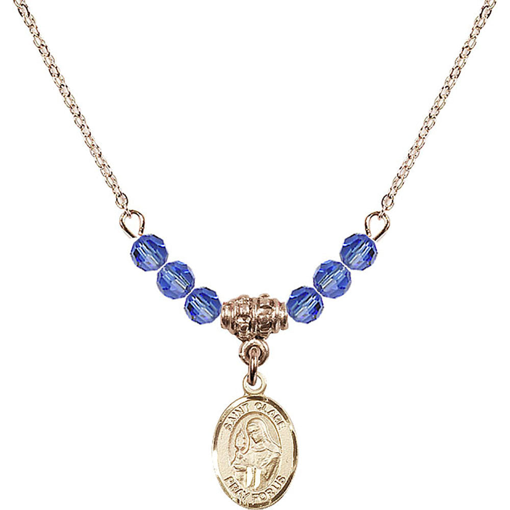 14kt Gold Filled Saint Clare of Assisi Birthstone Necklace with Sapphire Beads - 9028